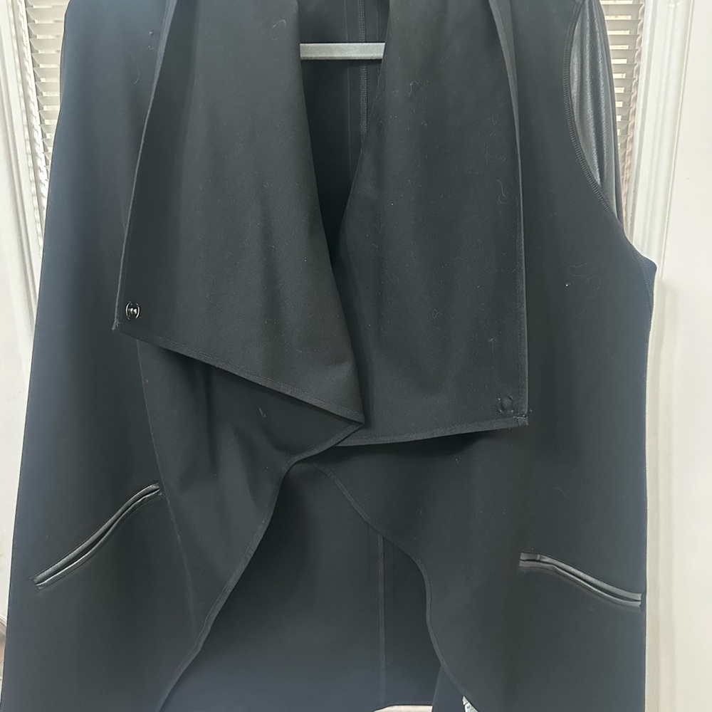 SPANX Black Draped Open-Front Vest with Faux-Leather Trim